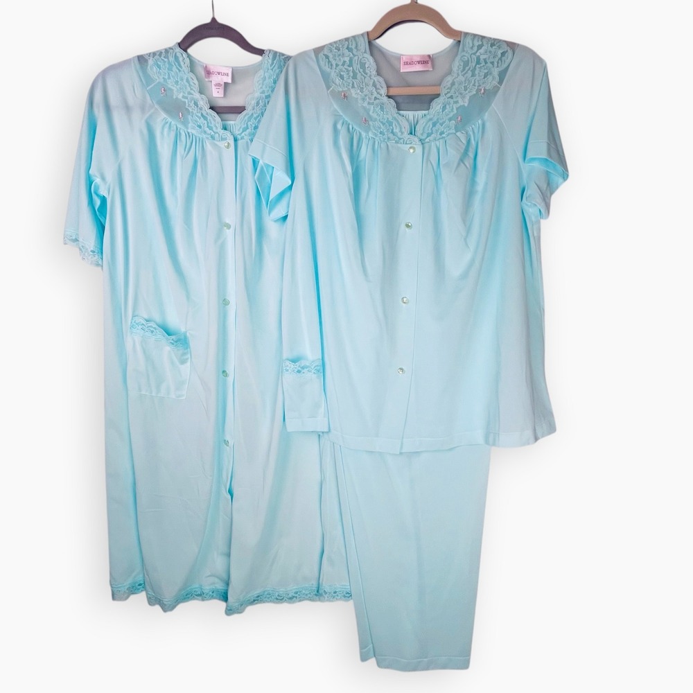 Shadowline 3pc Pajama Set Housecoat Robe Top Pants Blue Lace Trim Medium 38